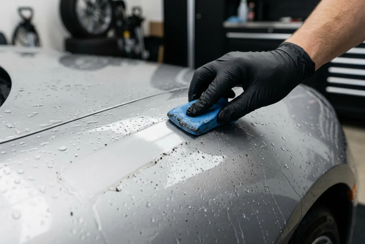 Clay bar removing bonded contamination from wet vehicle paint